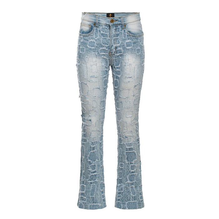 Patchwork Distressed Denim Jacket + Jeans SET - LIGHT BLUE - Dudes Boutique