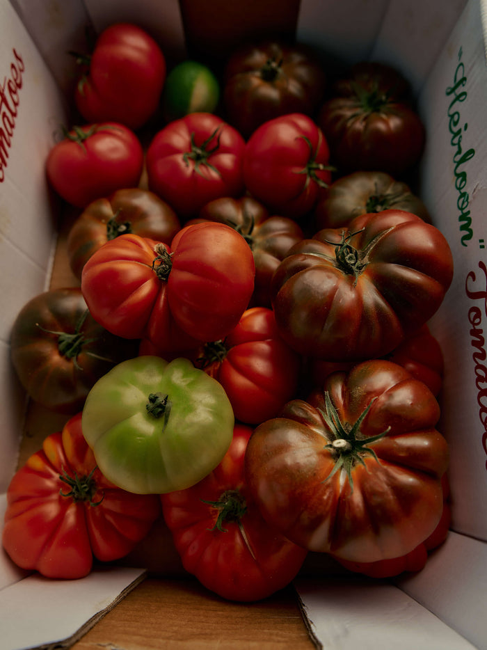 Assorted heirloom tomatoes rest in a cardboard box.