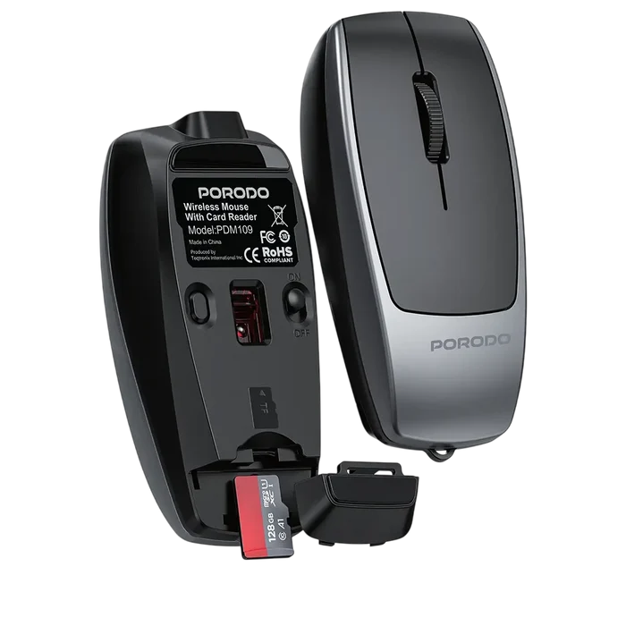 Porodo 1600DPI Wireless Mouse with Card Reader - Black #color_black