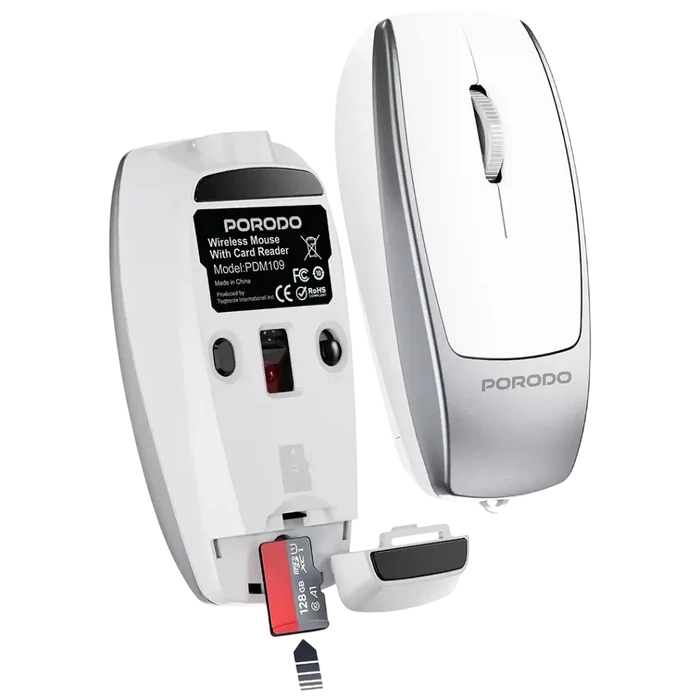 Porodo 1600DPI Wireless Mouse with Card Reader - White #color_white