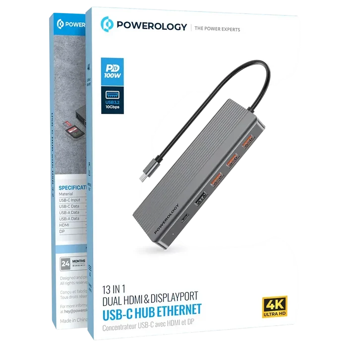 Powerology 13-in-1 Dual HDMI & DisplayPort USB-C Hub Ethernet - Gray
