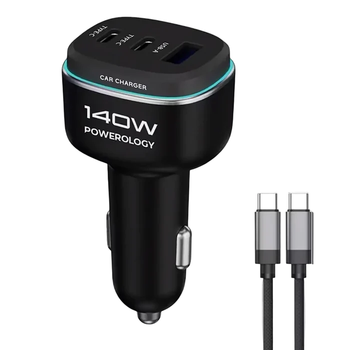 Powerology 140W Triple-Port High-Power Car Charger with USB-C to USB-C Cable