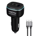 Powerology 140W Triple-Port High-Power Car Charger with USB-C to USB-C Cable
