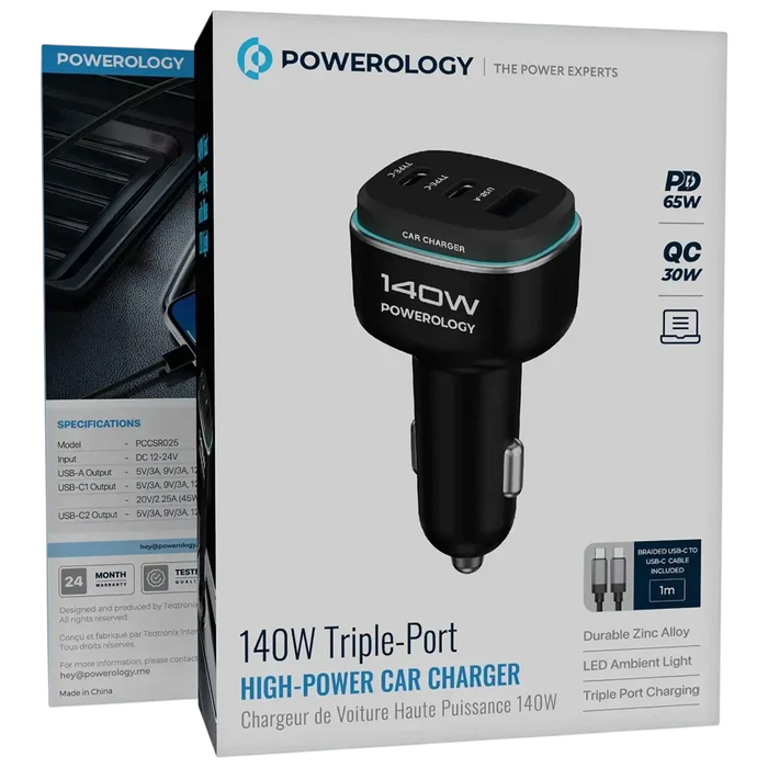 Powerology 140W Triple-Port High-Power Car Charger with USB-C to USB-C Cable