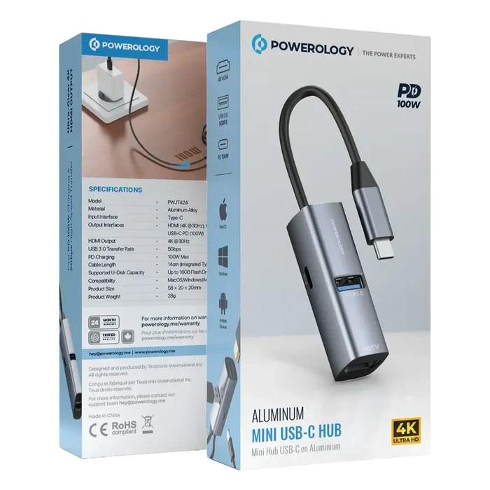 Powerology Aluminum Mini USB-C Hub - Black