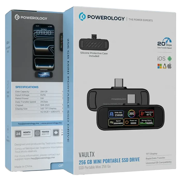 Powerology VaultX 256GB Mini Portable SSD Drive - Black
