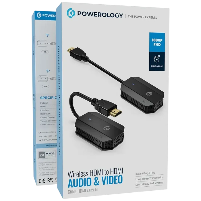 Powerology Wireless HDMI Mirroring Adaptor Pair with USB-C Cable Full HD 1080P - Black