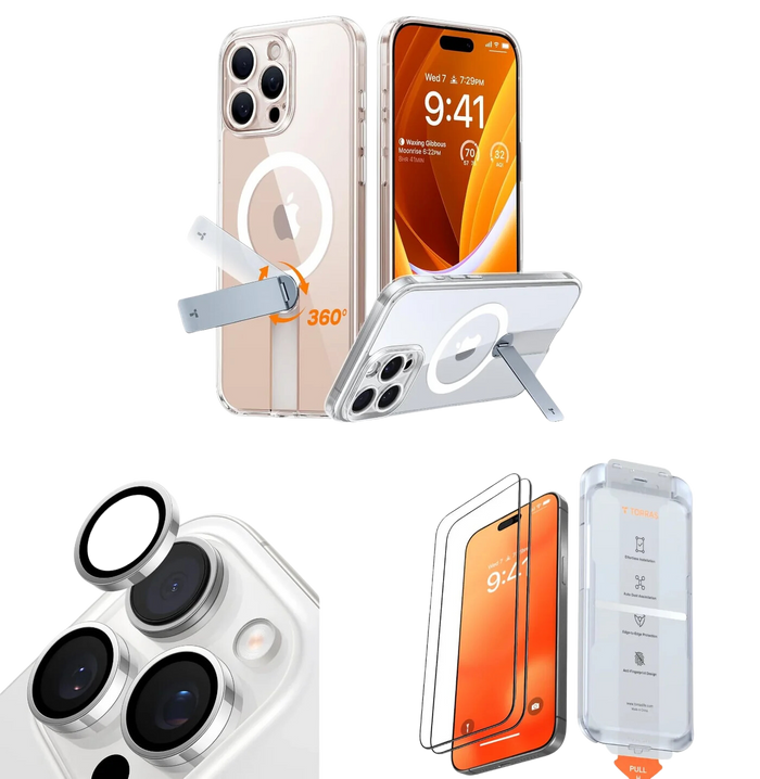 TORRAS Pstand Spin 360 Case + Screen Protector + Camera Lens for iPhone 16 Pro Bundle